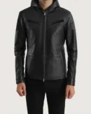 Zip front leather jacket with hood men