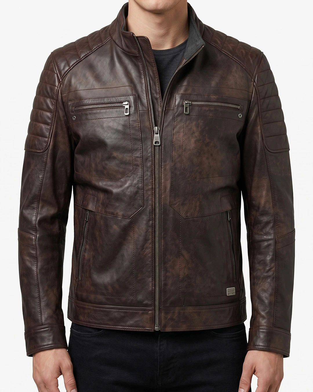 Men's Brown Distressed Leather Biker Jacket