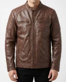 Men's Quilted Shoulder Leather Jacket Brown