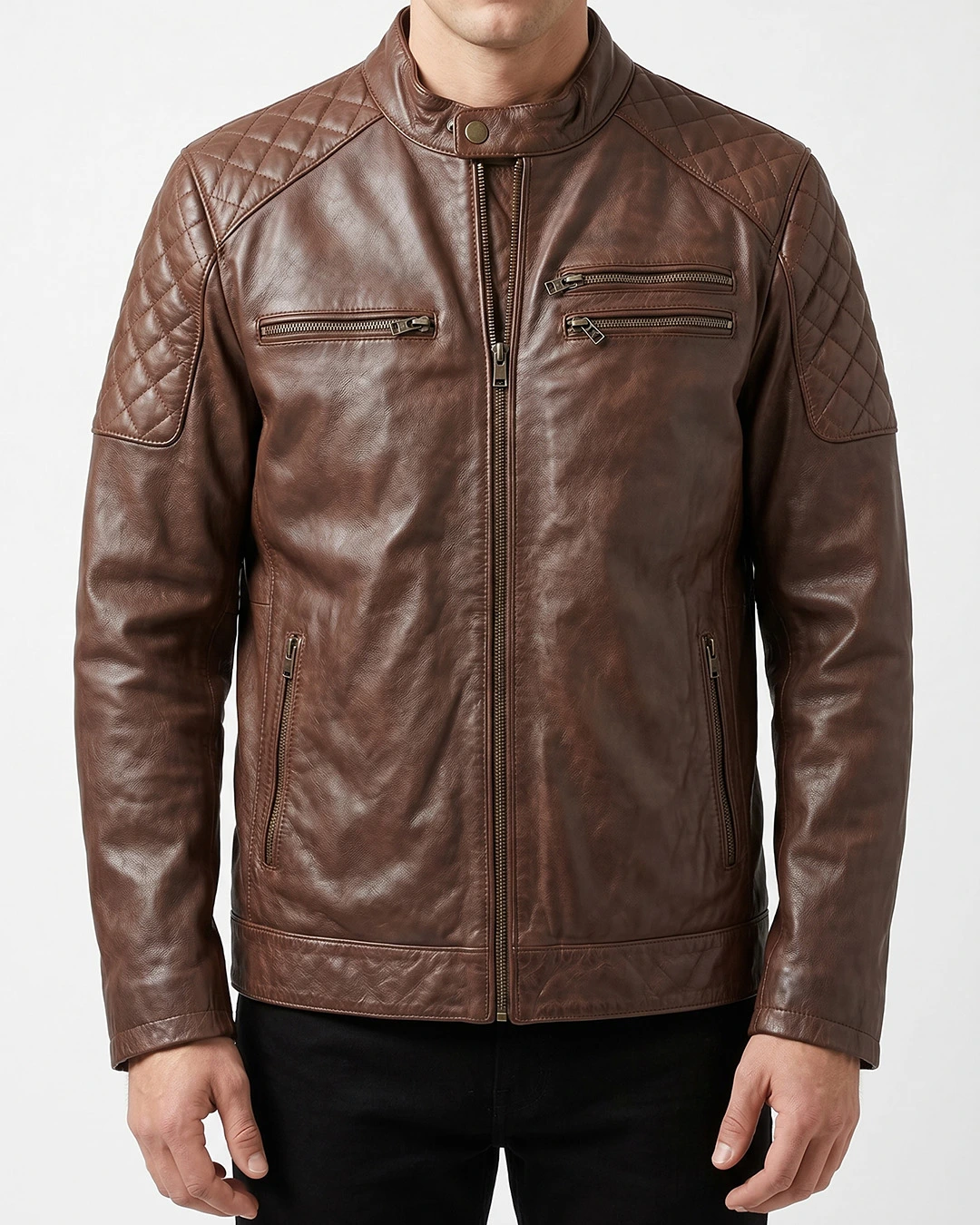 Men's Quilted Shoulder Leather Jacket Brown