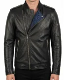 Men's Black Embossed Leather Bomber Biker Jacket