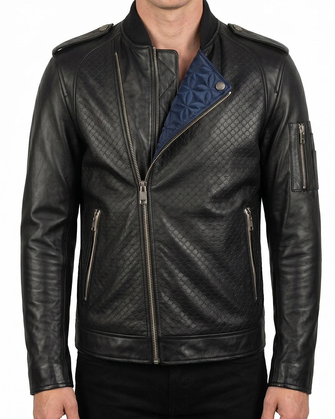 Men's Black Embossed Leather Bomber Biker Jacket