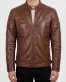 Men's Tan Brown Quilted Leather Cafe Racer Jacket