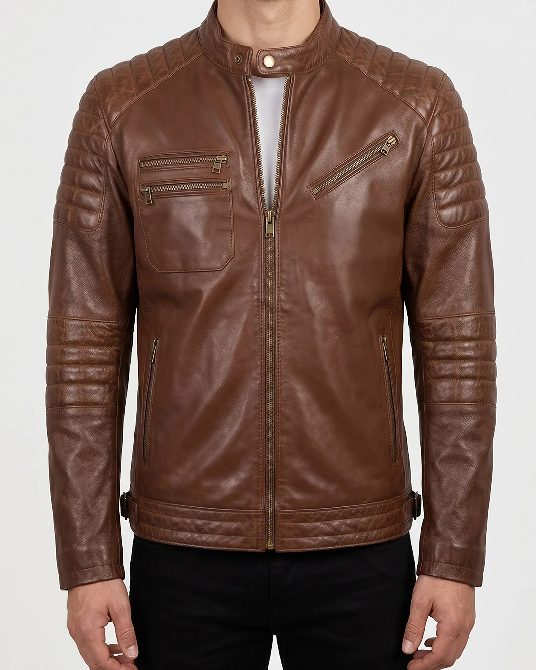 Men's Tan Brown Quilted Leather Cafe Racer Jacket