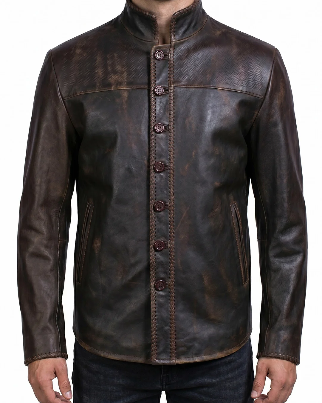 Men's Distressed Brown Braided Leather Jacket