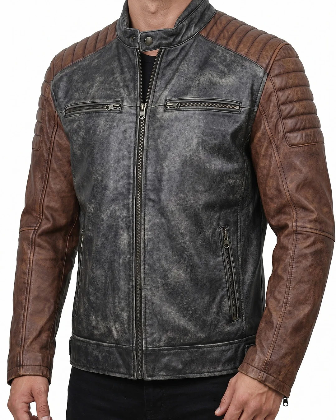 Men's Two Tone Distressed Leather Biker Jacket