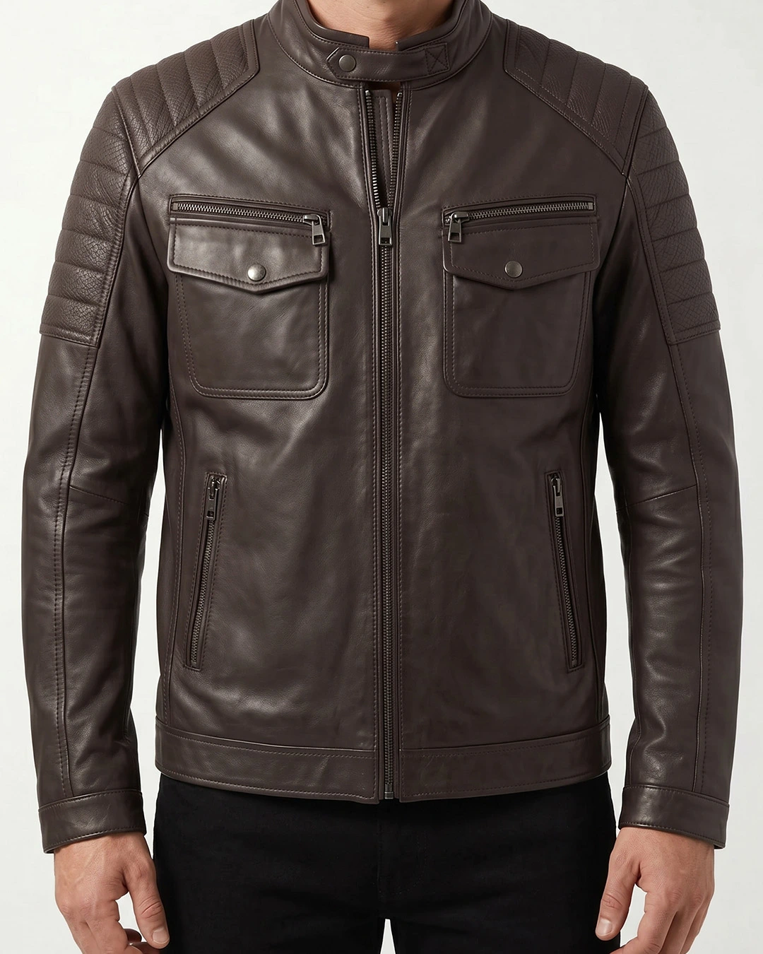 Men's Dark Brown Quilted Leather Cafe Racer Jacket