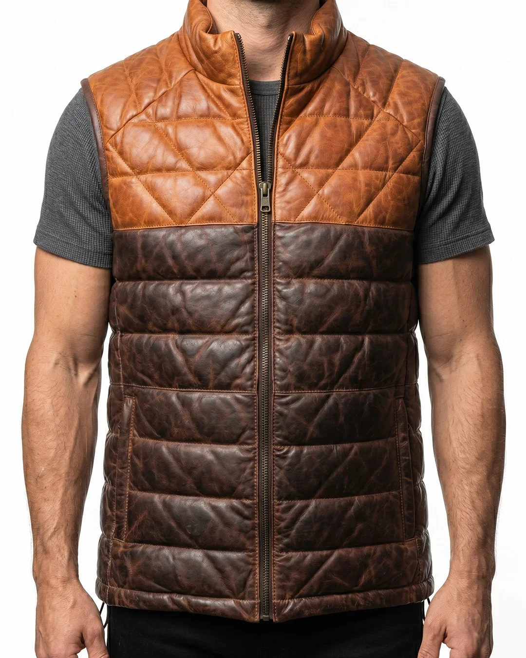 Men's Two Tone Quilted Leather Puffer Vest