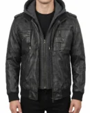 Men's Black Leather Bomber Jacket with Removable Hood