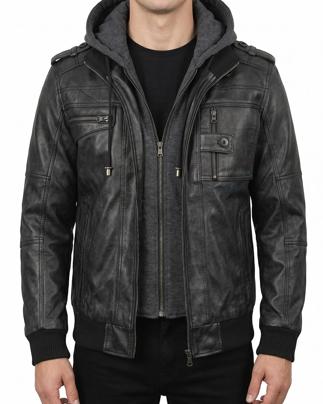 Men's Black Leather Bomber Jacket with Removable Hood