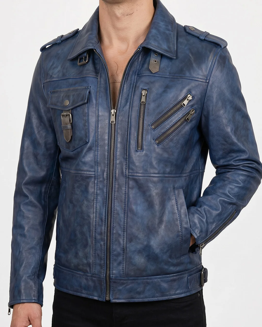Men's Blue Distressed Leather Biker Jacket
