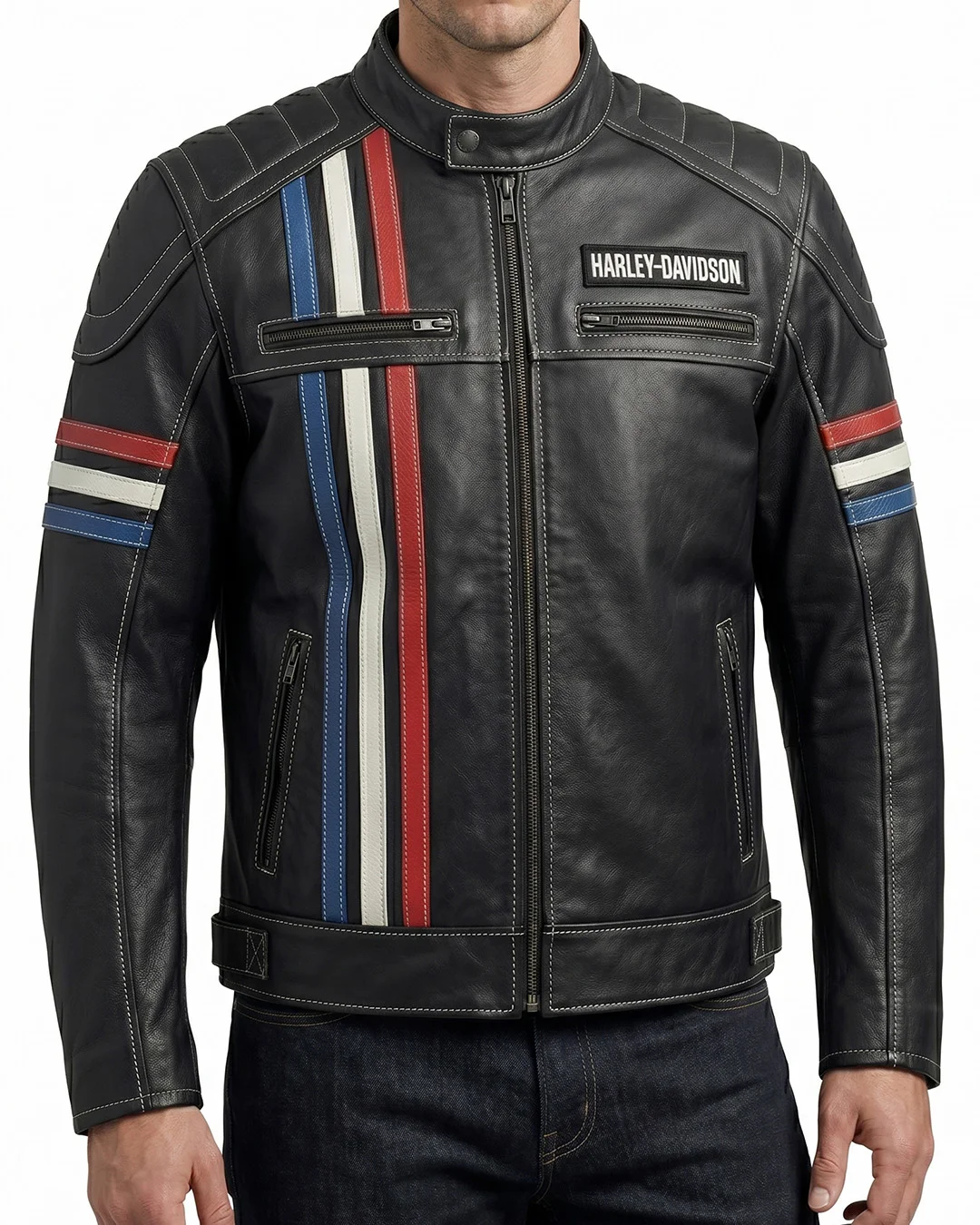 Men's Black Striped Racing Leather Biker Jacket