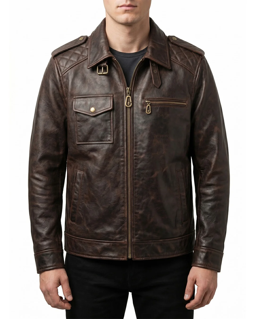 vintage Style Brown Leather Jacket For Men