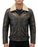 Men's Distressed Leather Jacket with Shearling Collar