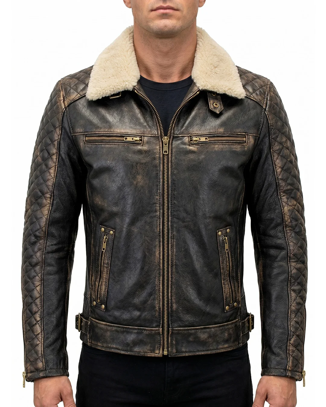 Men's Distressed Leather Jacket with Shearling Collar