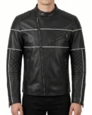 Men's Black Quilted Leather Biker Jacket White Stripes