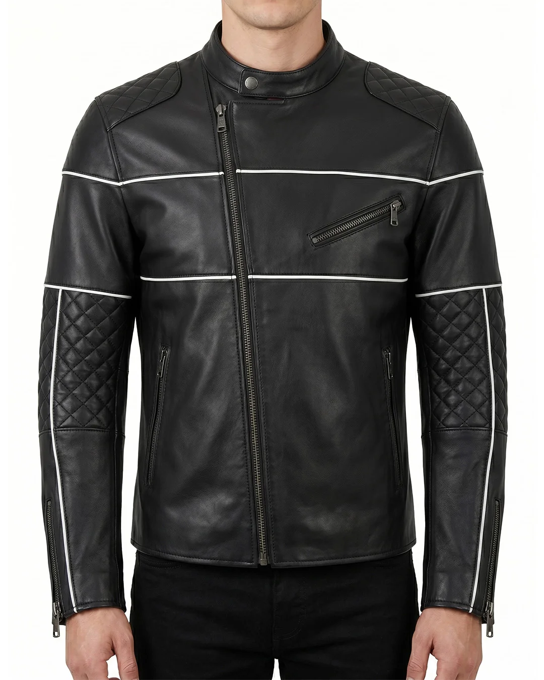 Men's Black Quilted Leather Biker Jacket White Stripes