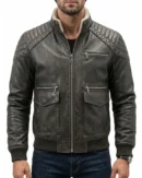 Men's Grey Leather Bomber Jacket with Shearling Collar
