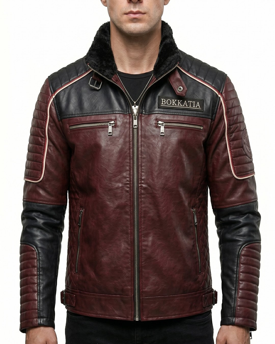 Men's Burgundy Black Two Tone Leather Biker Jacket