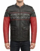 Men's Black Red Skull Embossed Leather Biker Jacket