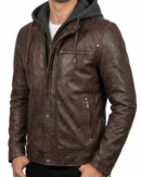 Men's Brown Removable Hooded Leather Jacket