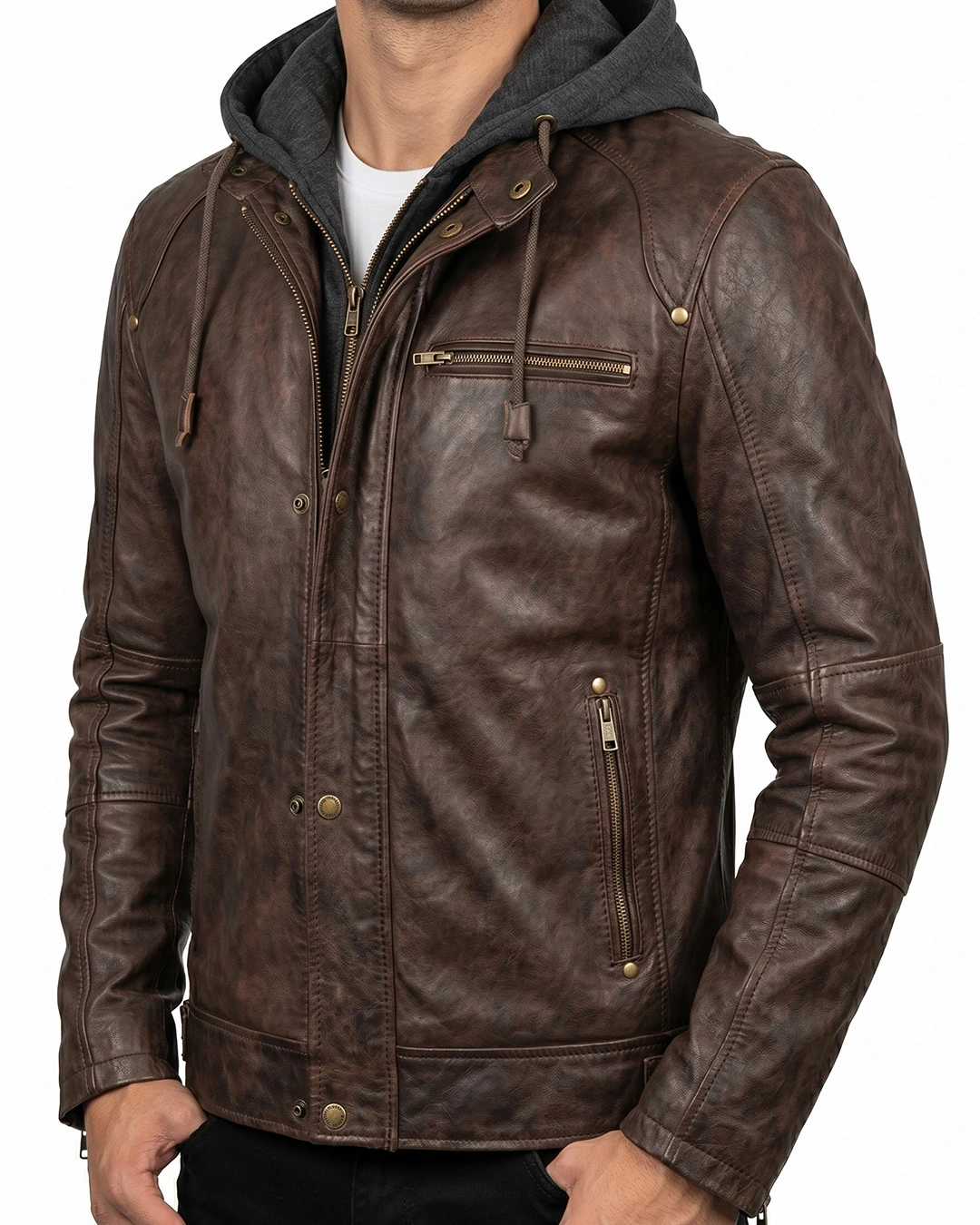 Men's Brown Removable Hooded Leather Jacket