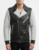 Men's Black Grey Tone Leather Biker Jacket