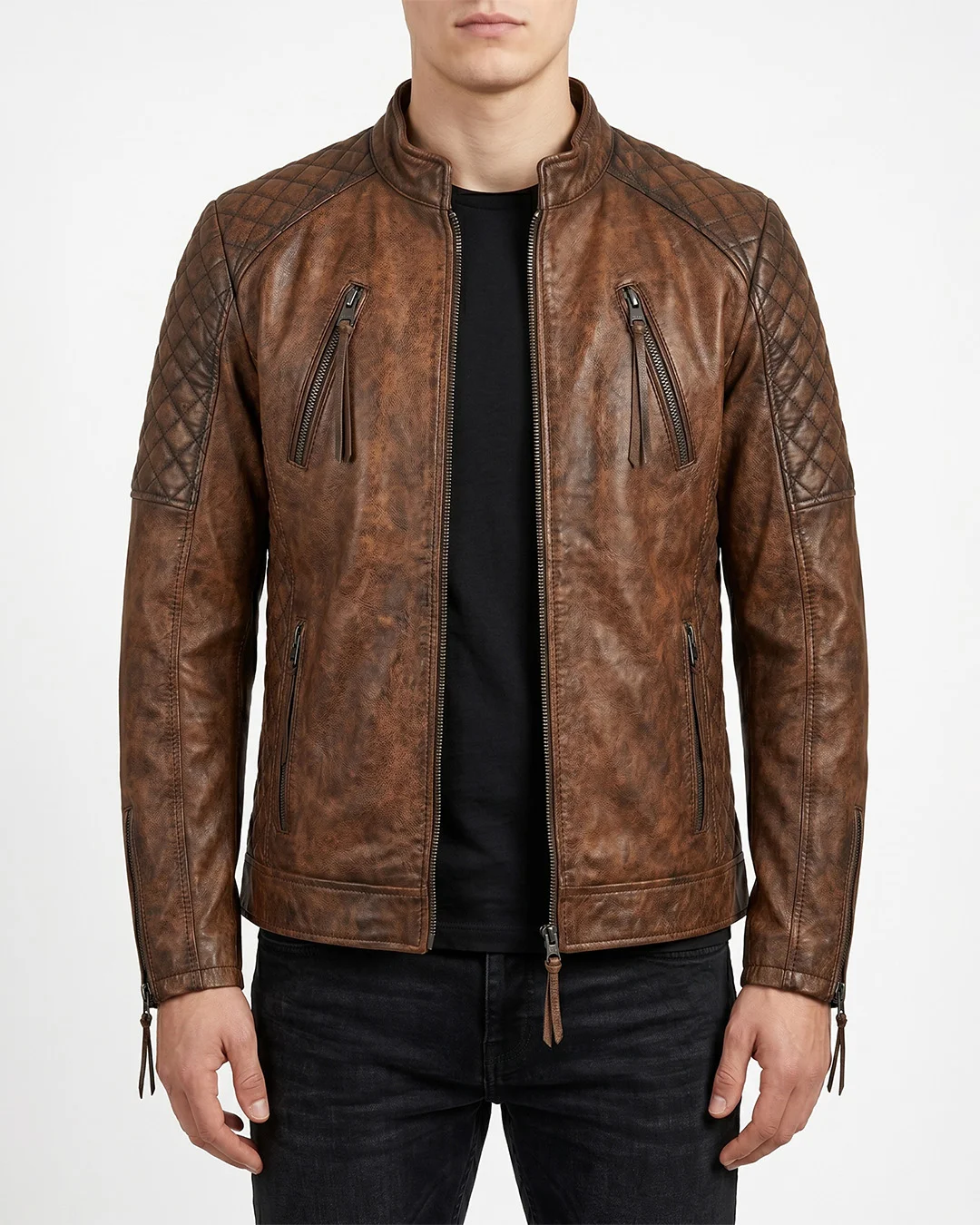 Men's Brown Waxed Leather Cafe Racer Jacket Tassel Zippers